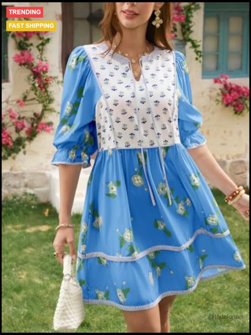 Floral Mini Dress with Puff Sleeves, V-Neck, and Patchwork Detail - Picture 4 of 7